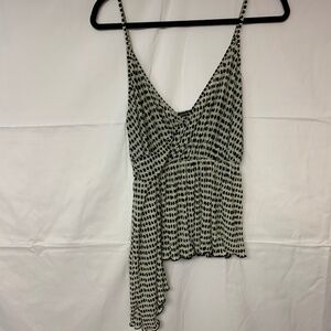 ZARA blouse SZ S beige & black dots asymmetrical hem unique bohemian polka dot